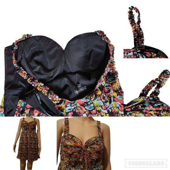 Rampage Black Yellow Pink Floral Sleeveless Sweetheart Babydoll Mini Dress Sz 9 - Picture 4 of 10